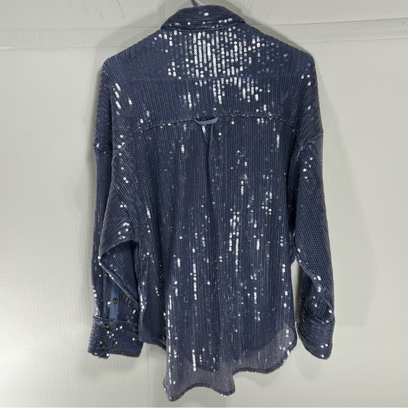Anthropology Pilcro Shimmering Blue Buttondown Tunic Style Sequin Shirt Size XSP - Picture 2 of 15